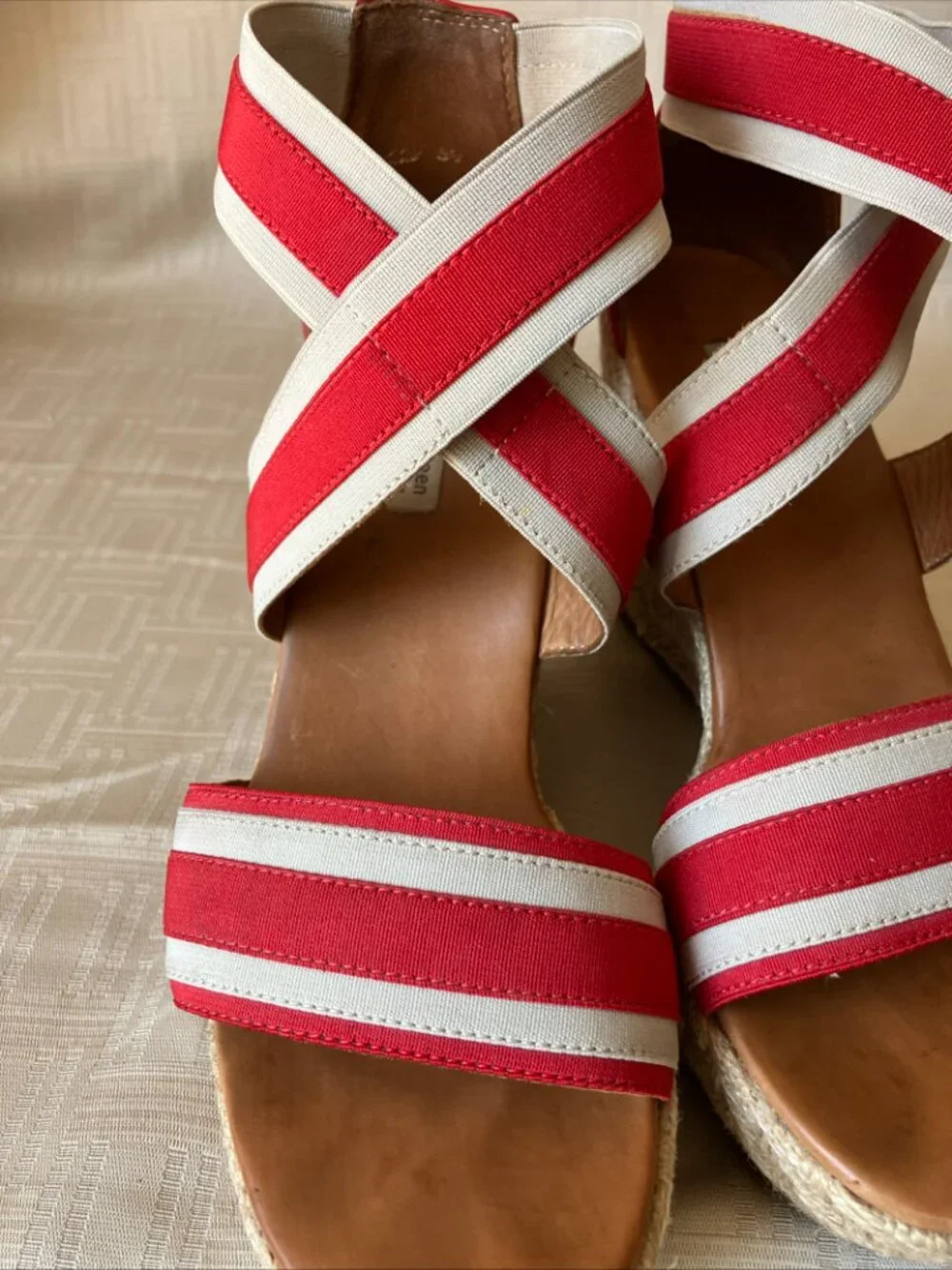 Paul Green Monique Espadrilles Red/White Elastic + Leather Wedge Sandals US 8
